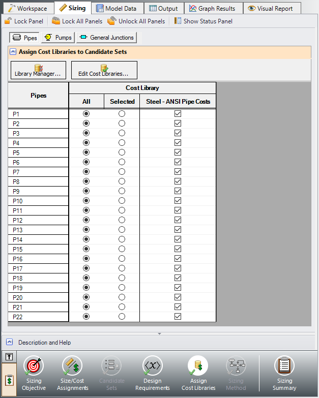 The Connect to Library tab of the Library Manager window with the new cooling system engineering library and its associated equipment costs.